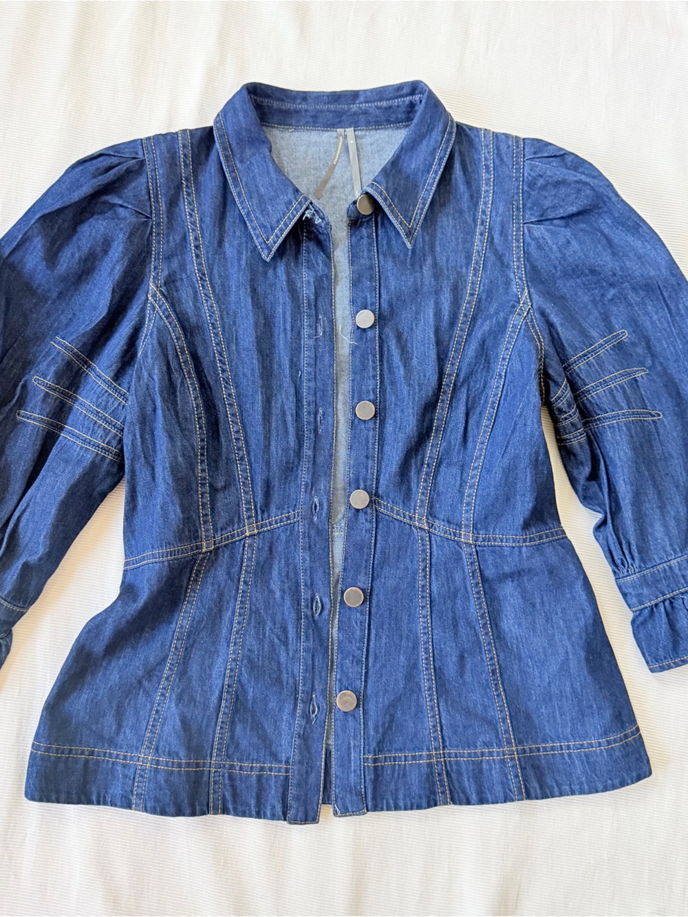 Anthropologie Womens Shirt Jean Button Puff Sleeve 3/4 Dark Wash Denim Casual M